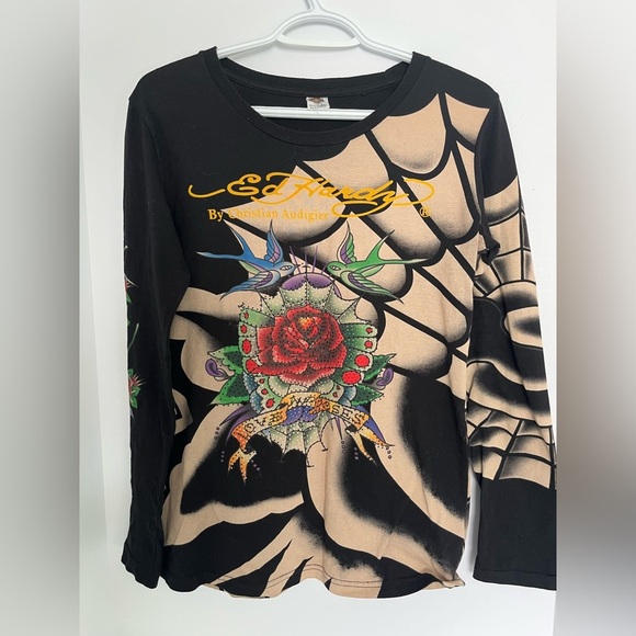 Don Ed Hardy Tops - Ed Hardy Top Women’s Medium Black Graphic Long Sleeve T-Shirt Tattoo